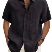 Resim Erkekler için büyük beden vintage siyah rahat düğmeli kısa kollu gömlek - Yazlık temel yaka, esnek olmayan kumaş, düzenli fit, yetişkin boyutlar, hafif polyester, rahat kıyafet | Klasik düğmeli gömlek | Düz renkli gömlek, BÜYÜK BEDEN 