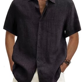Resim Erkekler için büyük beden vintage siyah rahat düğmeli kısa kollu gömlek - Yazlık temel yaka, esnek olmayan kumaş, düzenli fit, yetişkin boyutlar, hafif polyester, rahat kıyafet | Klasik düğmeli gömlek | Düz renkli gömlek, BÜYÜK BEDEN 