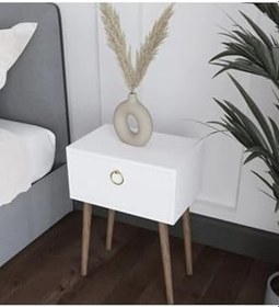 Resim Beyaz Ahşap Ayaklı Başucu Komodin Yatak Odası Çocuk Kapaklı 