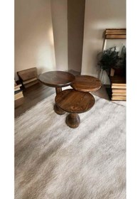 Resim Ahşap Mantar Sehpa 3 Lü Set Ceviz Renk Masif Doğal Zigon Ve Fiskos Sehpa Takımı Ceviz 