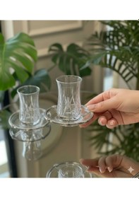 Resim 12 Parça 6 Kişilik Kristal Kesim Cam Çay Takımı Bardak Ve Tabak Seti Beyaz 