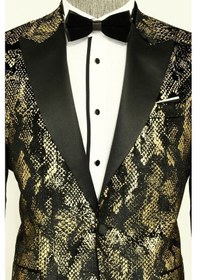 Resim Wessi Dik Yaka Slim Fit Altın Desenli Siyah Erkek Balo Ceketi - Wessi Siyah 