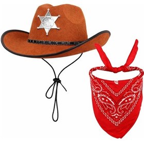 Resim Çocuk Kovboy Şapka Rozetli Kahverengi &amp Kırmızı Bandana Fular Seti - Elm-01-762699 
