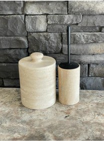Resim Traverten Doğal Taş Çöp Kovası Ve Wc Fırçalığı 2'li Mat Siyah Fırça Beyaz 
