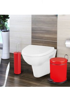 Resim BAYMERA 5 Litre Çöp Kovası + Wc Fırçası Banyo Seti - Kırmızı 