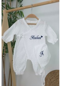 Resim Gros Shop Müslin Yeni Doğan 2katlı Organik %100pamuk Kişiye Özgü Nakışlı Hastane Çıkış Seti Kalpli Model-2 Ekru 
