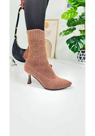 Resim Günlük Kadın Bot Yüksek İnce Topuklu Triko Esnek Sivri Burunlu Tırtıklı Taban Rahat Bootie 170 Taba 