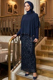 Resim N.S NEVA STYLE Pul Payetli Lacivert Tesettür Abiye Elbise 48282L 