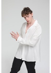 Resim R-3575 Apaş Yaka Uzun Kollu Aerobin Kumaş Oversize Gömlek - BEYAZ Beyaz 