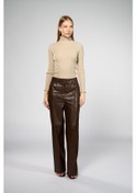 Resim Kadın Kahverengi Bol Paça Deri Pantolon Kahverengi 