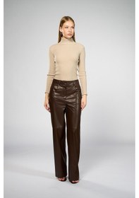 Resim Kadın Kahverengi Bol Paça Deri Pantolon Kahverengi 