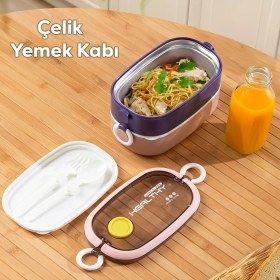 Resim 66729-1 Stainless Steel Vakumlu Lunch Box Iki Katlı Paslanmaz Çelik Kolay Kilitlenir Kendinden Kaşıklı Sefer Tası – 1300ML Pembe-Lila 