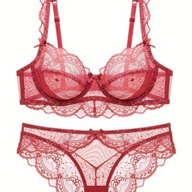 Resim Kontrast Dantel Sütyen ve Külot, Seksi Papyon Push Up Sütyen ve Tarak Trim Külot İç Çamaşırı Seti, Kadın İç Çamaşırı ve İç Çamaşırı 