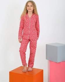 Resim Düğmeli Kız Uzun Kollu 'hoho' Model Pijama Takımı Fuşya 