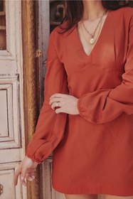Resim Vintemod Retro Hippi 70ler Kiremit V Yaka Uzun Kol Mini Elbise 