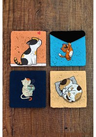 Resim Doğal Taş Bardak Altlığı 4'lü Set 10x10x1 Cm Sevimli Kediler Baskılı-stone Coasters Çok Renkli 