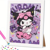 Resim Sanrio Kuromi 5D DIY Elmas Boyama Kiti - Canlı Mor Tam Yuvarlak Mozaik Sanatı Çerçeve ile, 16.99x22.0cm Tuvalde Pembe Kıyafetli Fantastik Kuromi Ev Dekoru için, Elmas Sanat Malzemeleri 