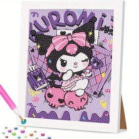 Resim Sanrio Kuromi 5D DIY Elmas Boyama Kiti - Canlı Mor Tam Yuvarlak Mozaik Sanatı Çerçeve ile, 16.99x22.0cm Tuvalde Pembe Kıyafetli Fantastik Kuromi Ev Dekoru için, Elmas Sanat Malzemeleri 