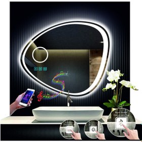 Resim GLOBAL LED MIRROR 80 Cm Çapında Bluetoothlu Buğu Çözücülü Dokunmatik Ledli Makyaj Aynalı Asimetrik Banyo Aynası 