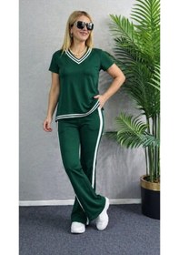 Resim Efnaz Style Kadın Kısa Kollu V Yakalı Viskon Iki Iplik Bluz Ve Pantolon Ikili Takım Yeşil 