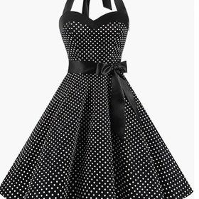 Resim Kalp Desenli, Arka Bağlı ve Retro Askılı Dizayna Sahip Şık Siyah ve Beyaz Polka Dot Parti Elbisesi - Bahar/Yaz Şenlikleri İçin Mükemmel, Sevimli Parti Kıyafeti|Kalp Desenli Yaka|Polka Dot Elbise 