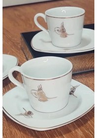 Resim 2 Kişilik Porselen Tuğra Kahve Fincanı Altın Yaldız Beyaz - Gold 