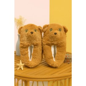 Resim ModaFrato Barney Ayıcık Unisex Hayvanlı Peluş Panduf Ev Ayakkabısı Taba Renkli Pufidik Konfor 