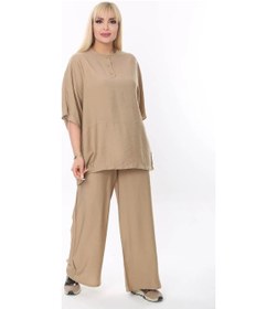 Resim Mia Butik Büyük Beden Bej Yuvarlak Yaka Salaş Takım Bej 