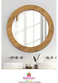 Resim Antik Ahşap Dekoratif Ayna Yuvarlak Banyo Duvar Aynası 43 Cm Naturel 