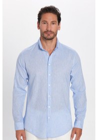 Resim Tudors Erkek Slim Fit Dar Kesim Uzun Kollu Keten Premium Seri Düğmeli Yaka Spor Mavi Gömlek-32818 Mavi 