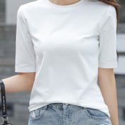 Resim Katı Basit Bisiklet Yaka T-shirt, İlkbahar ve Yaz İçin Rahat Kısa Kollu Üst, Kadın Giyim 