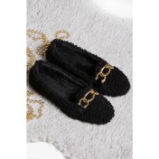 Resim Renkli Butik Peluş Tüylü Zincirli Kadın Ev Ayakkabısı Babet 