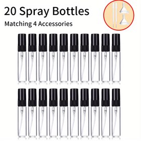 Resim 20 Adet 5ml & 10ml Mini Siyah Kapaklı Cam Parfüm Sprey Şişeleri - 4 Aksesuarlı (2 Fıncan ve 2 Damlatıcı) PVC'siz, Yeniden Doldurulabilir Seyahat Boyu Esans Yağları, Kolonya, Uçak Dostu & Sızdırmaz Tasarım, Minimalist Tasarım, Güvenli Kapak, DIY Tutkunlar İçin 