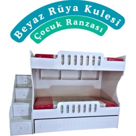 Resim Mürsel Mobilya Mdf 3 Kişilik Beyaz Rüya Kulesi Çocuk Ranzası 