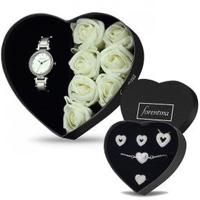 Resim Forentina Beyaz Güllü Kutuda Beyaz Metal Bayan Kol Saati - Kalpli Takı Seti PS2687 