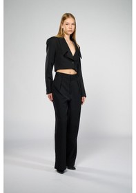 Resim Kadın Siyah Geniş Yaka Crop Blazer Siyah 