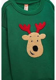 Resim Koton Erkek Bebek Geyik Nakışlı Uzun Kollu Bisiklet Yaka Şardonlu Yılbaşı Sweatshirt Yeşil 