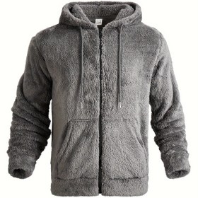 Resim Erkekler için Fermuarlı Rahat Kapüşonlu Sweatshirt, Yumuşak ve Sıcak Polar Astar, Polyester ve Elastan Karışımı, Sonbahar ve Kış Giyim 
