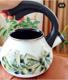 Resim Zeytin Dekor Vintage Emaye Düdüklü Kettle Demlik 2,4 Litre Yeşil 
