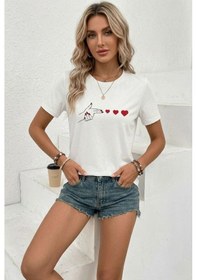 Resim Kadın Minimal Kalp İşaret Baskılı Tişört Kısa Kol Yazlık T-shirt - Beyaz 