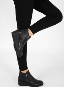 Resim CASSIDOSHOES Siyah Deri Fermuarlı Dolgu Topuk Bot 002-1056 
