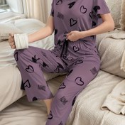 Resim Kadınların Kısa Kollu Pijama Takımı, Sevgi ve Yay Desenli, Rahat Ev Giyimi 
