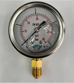 Resim SCOTT Ø 100 mm Gliserinli Tip Manometre 1/2'' Alttan Bağlantı Arka Flanş 304 Inox Pirinç ( 0 ...4Bar ) 