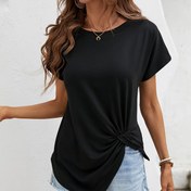Resim Düz Renk Önü Bağcıklı T-shirt, Şık Kısa Kollu Yuvarlak Yaka Üst, Bahar ve Yaz İçin Kadın Giyim 