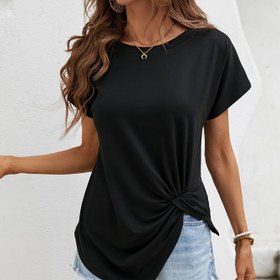 Resim Düz Renk Önü Bağcıklı T-shirt, Şık Kısa Kollu Yuvarlak Yaka Üst, Bahar ve Yaz İçin Kadın Giyim 