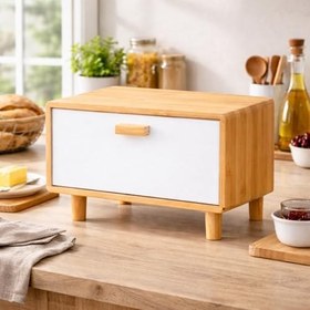 Resim Bambu Ekmeklik Dolabı – Beyaz Kapaklı Tezgah Üstü Ekmek Saklama Kutusu, Doğal Bambu, Modern Mutfak Düzenleyici 
