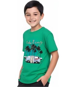 Resim Panios Kids Summer Van Baskılı Erkek Çocuk Yuvarlak Yaka Kısa Kollu T-shirt Yeşil 