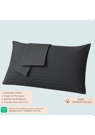Resim Mamcrazy %100 Pamuk Saten Yastık Kılıfı 2'li Antrasit, Çizgili 