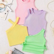 Resim 4 Adet Kızlar İçin Kolsuz Atletik Tank Top - Esnek Polyester-Spandex Karışımı, Asimetrik Etek, Canlı Sarı/Pembe/Açık Mor/Yeşil - Yaz Spor ve Günlük Giyim, Makinede Yıkanabilir 