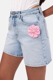 Resim Kadın Mavi 4s6-3 Mom Relax Gül ve Nakış Detaylı Özel Tasarım Denim Şort - Mavi / 40 
